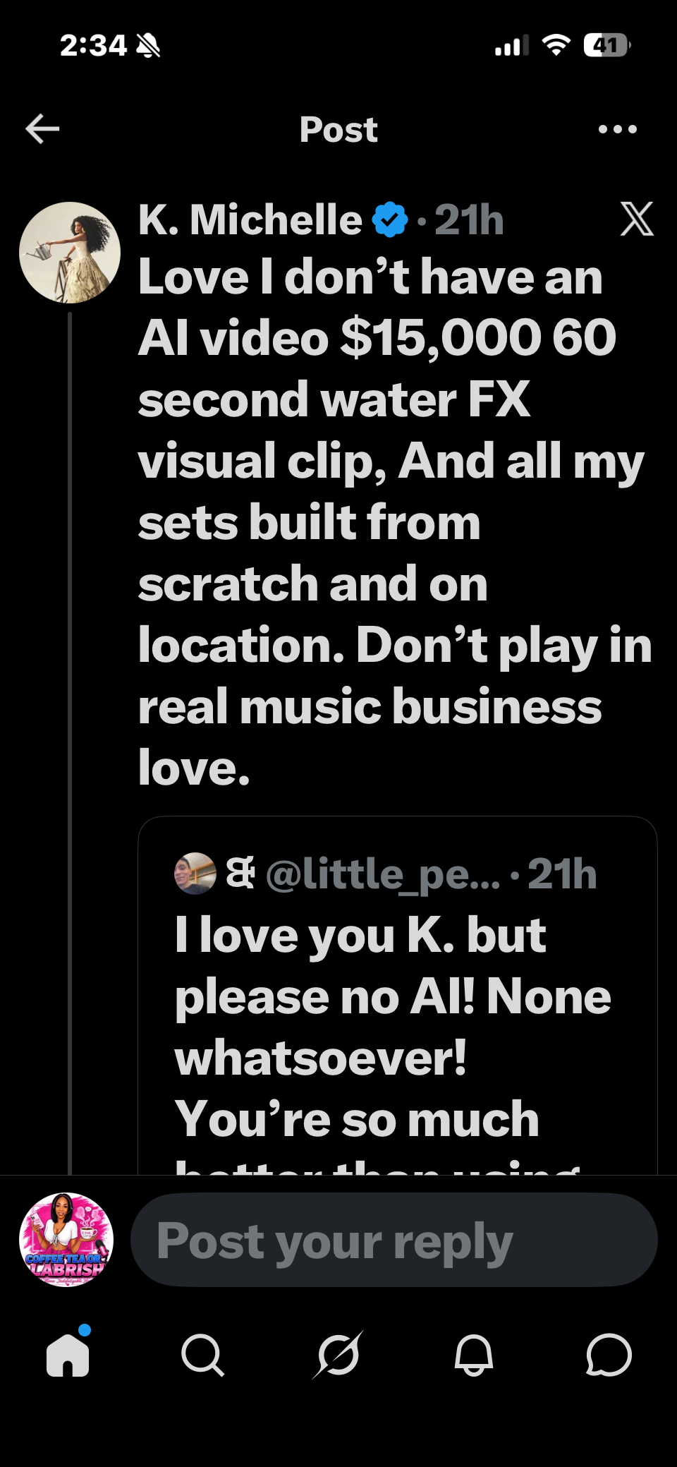 K. Michelle’s public statement describing a water effects visual clip and sets built from scratch and on location