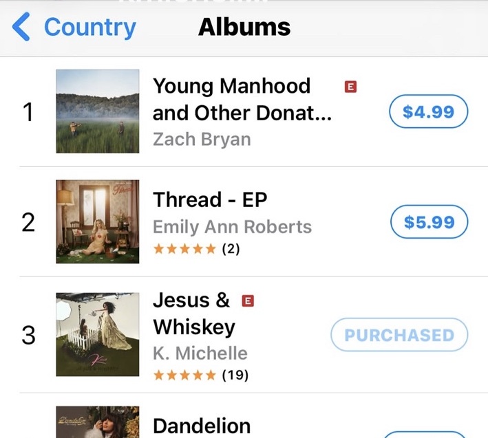 Clean crop of the Apple Music Country Albums chart showing K. Michelle’s Jesus and Whiskey at number three