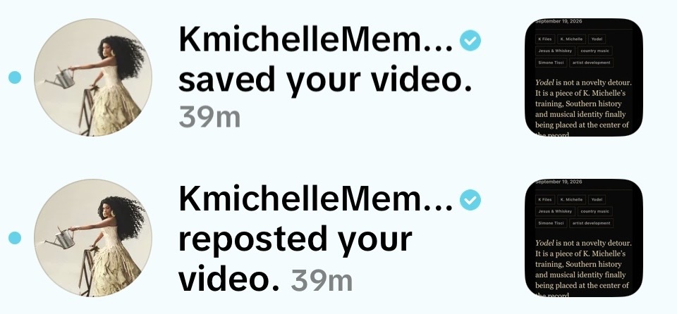 TikTok notifications showing a verified K. Michelle account saved and reposted a CTOL K Files video